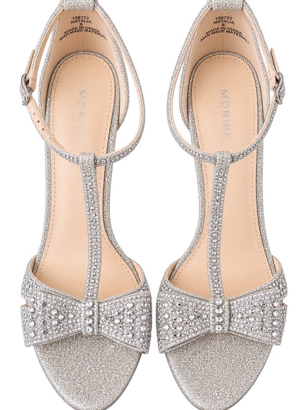 Maripe Silver Crystal T-Strap Bow Heels